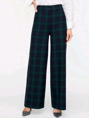 J Crew Wide Leg Wool Blend Frankie Trouser Pants 12 Black Watch Plaid Tartan